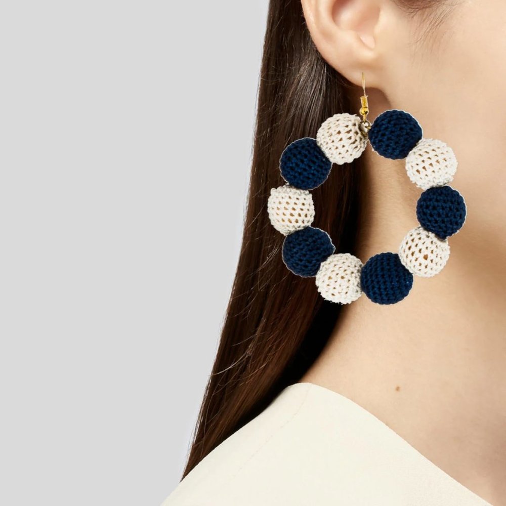 Misa Los Angeles Crochet Dot Statement Earrings. Luxury brand Navy/White